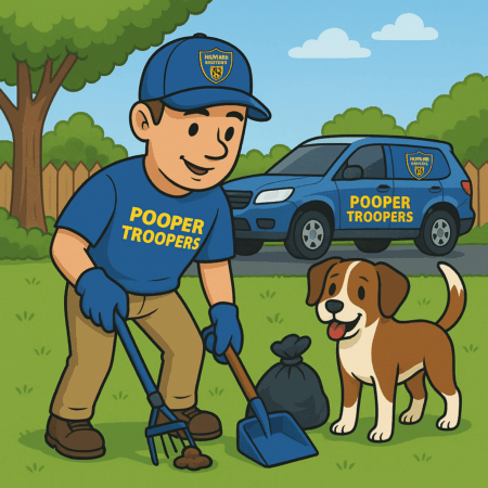 tech cleaning a yard with happy dog