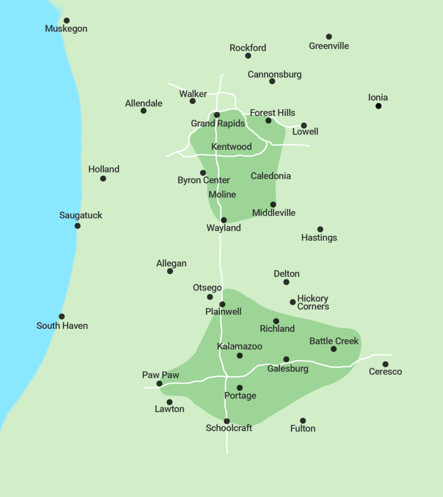 map of michigan showing kalamazoo and grand rapids area dog cleanup services
