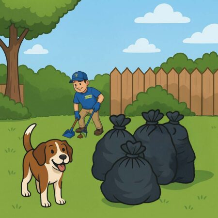 cartoon image of one-time cleanup with tech cleaning up yard